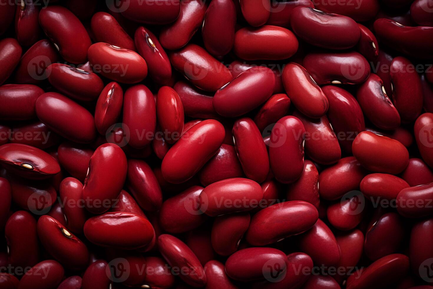 A pile of fresh red kidney beans form the background, shown from above photo