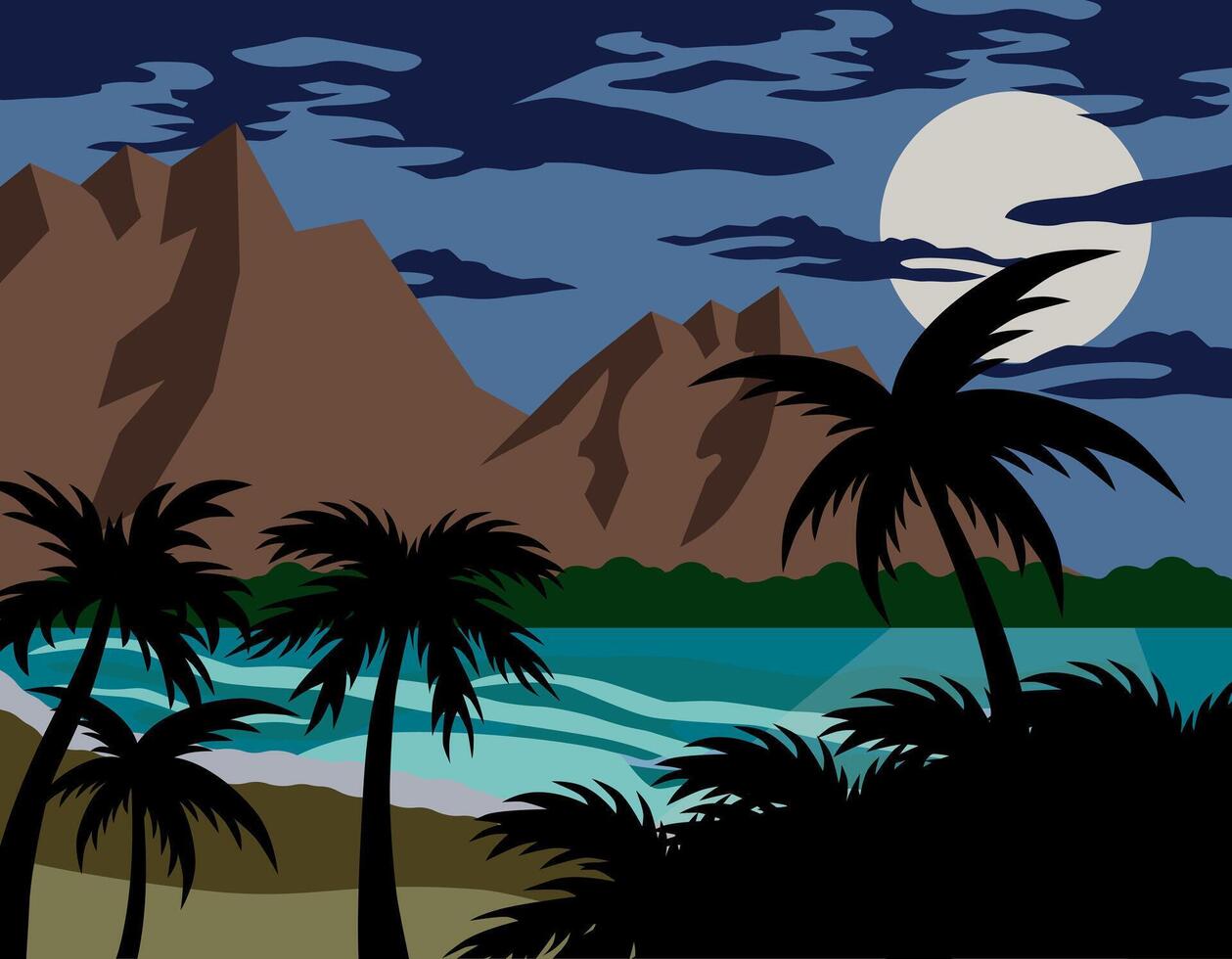 Tropical relaxation. Moonlight on the sea. Palm trees on the island. Night on the island. vector