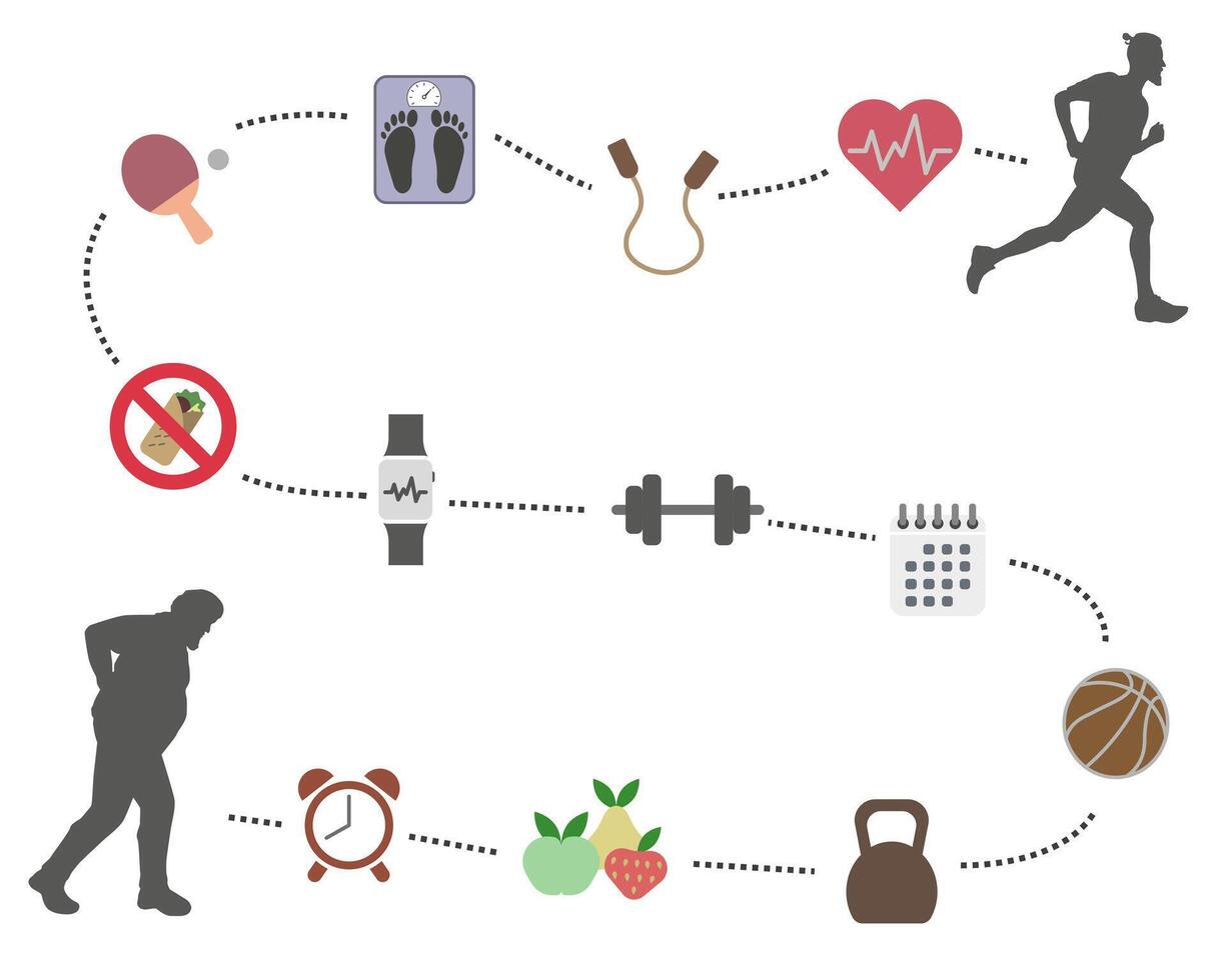 Way to lose weight. Hard mode and proper nutrition brings the desired result. vector
