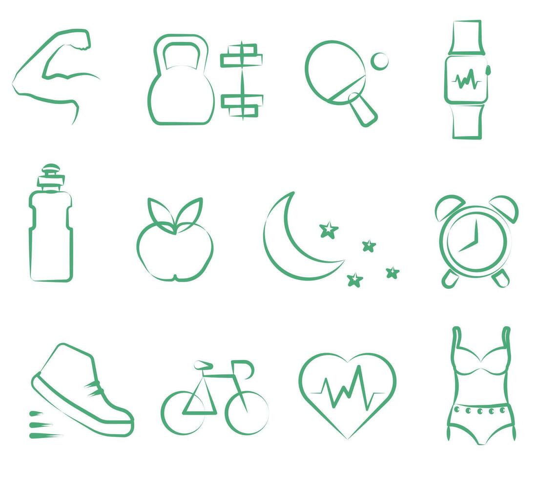 Linear icons of a healthy lifestyle. As well as sports and exercise. vector