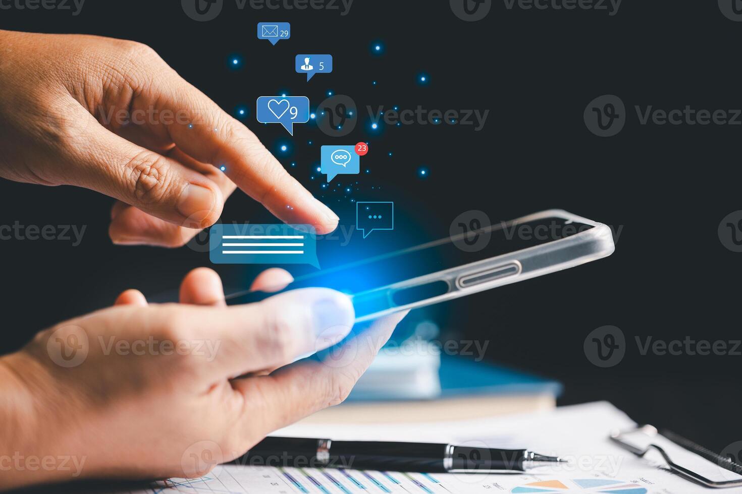 Person using smartphone taps on social media icon, initiating chat and communication within their network. chat, social, communication, icon, media, message, Concept central to modern messaging. photo