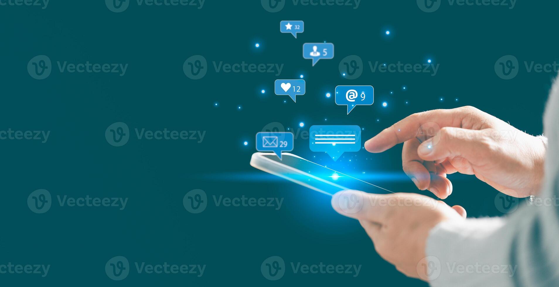 Person using smartphone taps on social media icon, initiating chat and communication within their network. chat, social, communication, icon, media, message, Concept central to modern messaging. photo