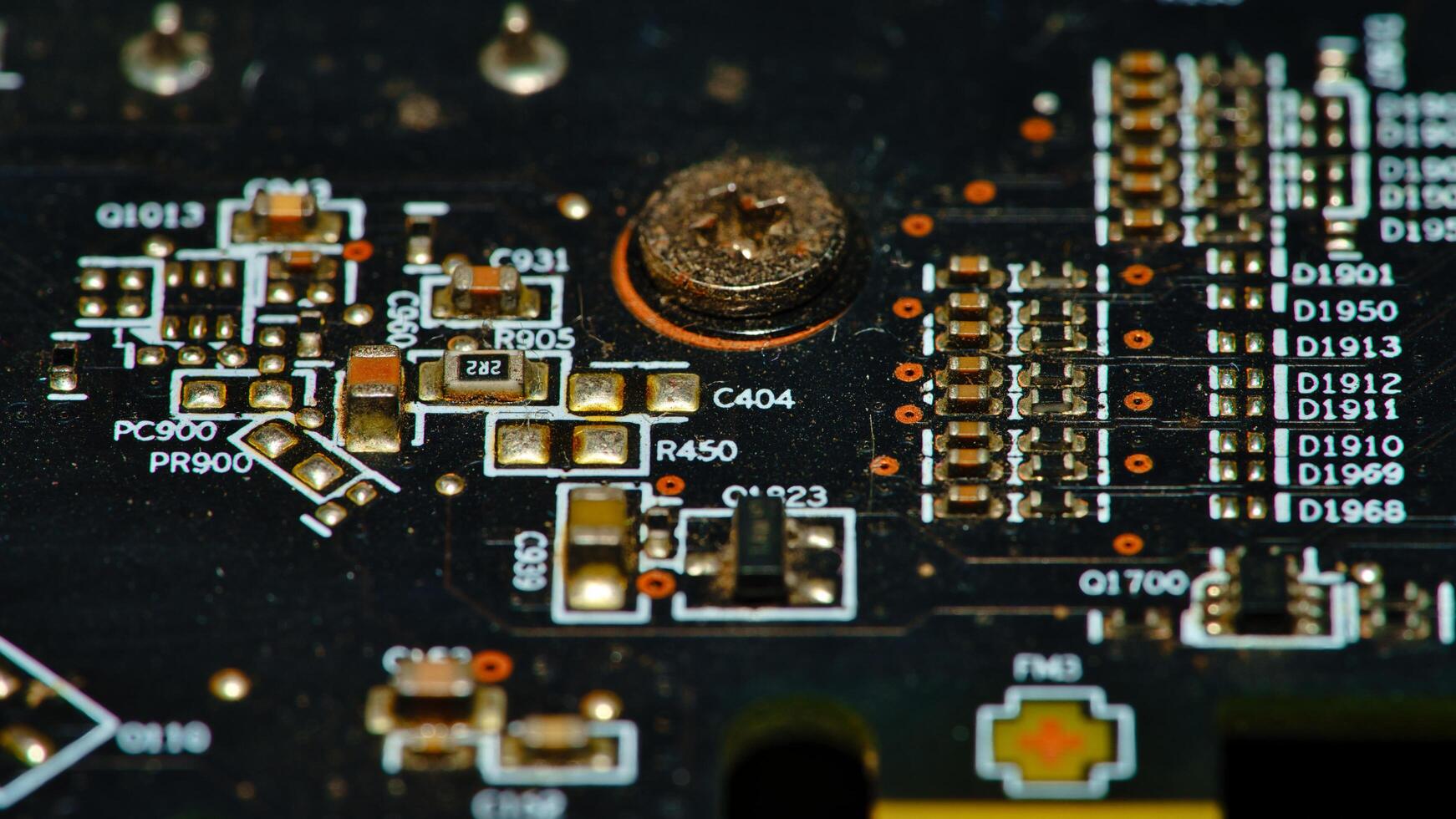 a close up of a circuit board with many electronic components photo
