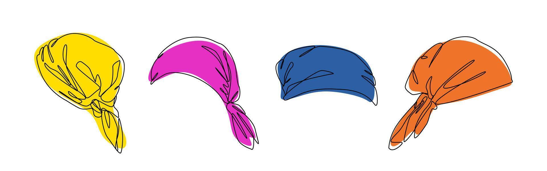 Set collection of bandana, headscarf. Editable line and colored. Graphic illustration. vector