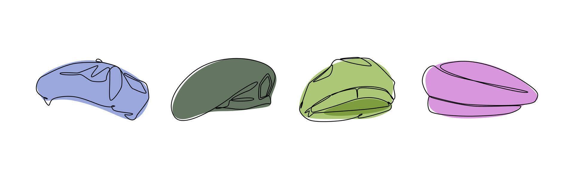 Set collection of beret hat. Editable line and colored. Graphic illustration. vector