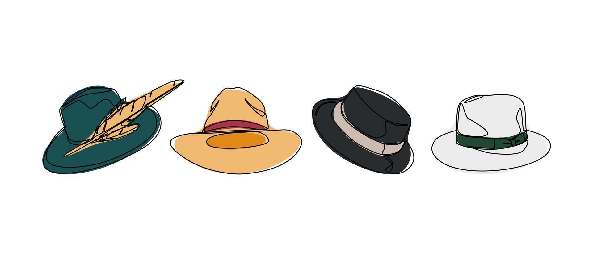 Set collection of fedora hat, panama. Editable line and colored. Graphic illustration. vector