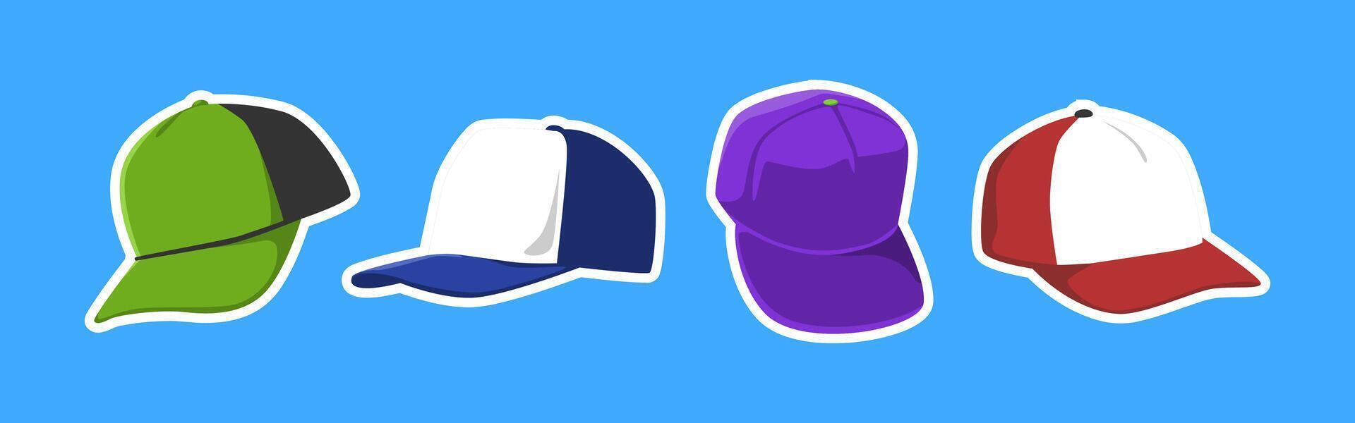 Collection of baseball hat or trucker hat with flat style. Isolated on blue background. Graphic illustration. vector