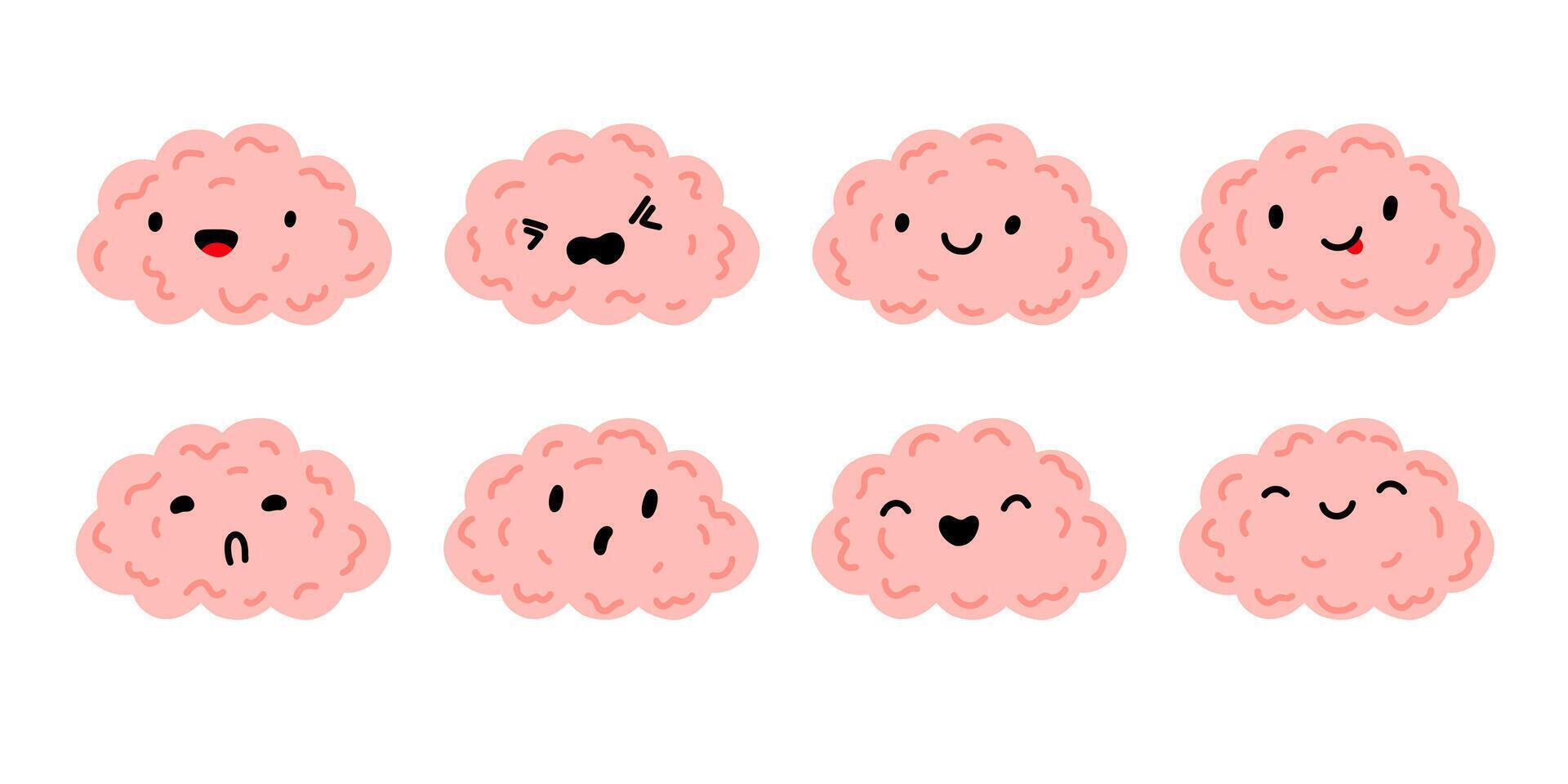 Brain character. Hand drawn Cartoon cute brain with face. Doodle sadness, happy, depressed. Internal human organs. Stock illustration isolated on white background. vector