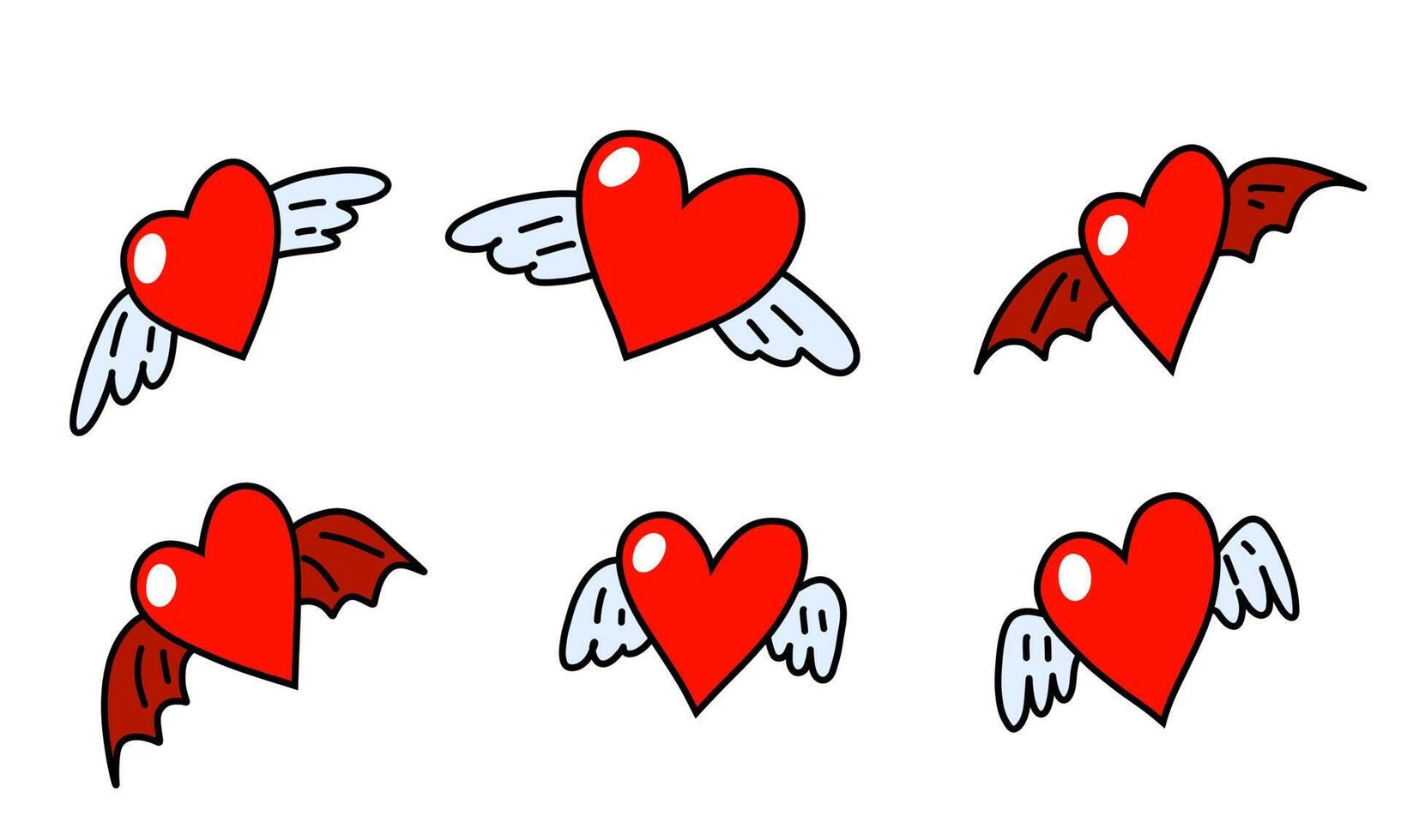 Heart with wings. Winged hearts. Wings of angel, devil, imp. Red sticker with an outline. Stock cartoon flat illustration on a white background. vector