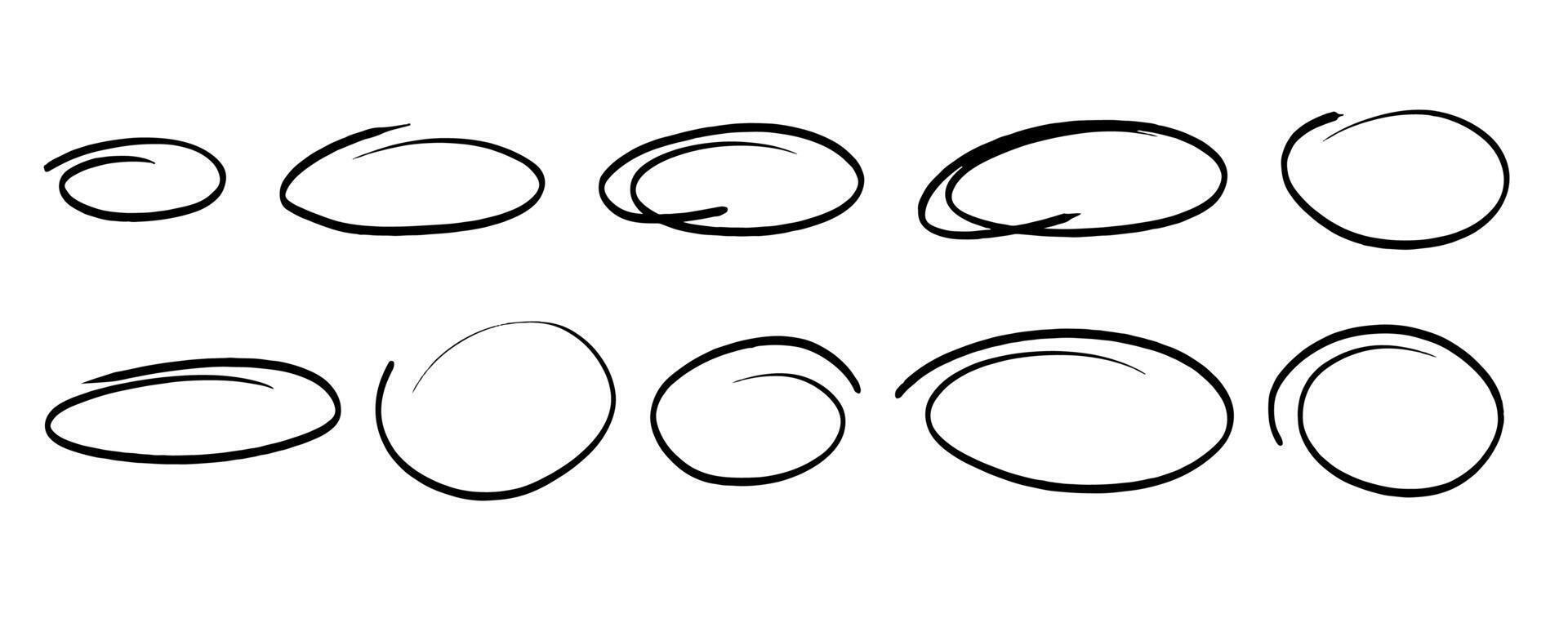 Hand drawn ovals and circles frame set. Ovals of different widths. Highlight circle frames. Ellipses in doodle style. Stock illustration isolated on white background. vector