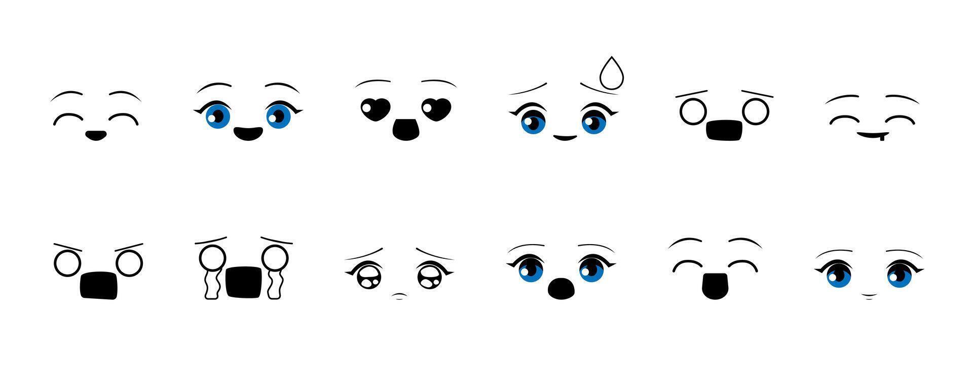 Anime cartoon emotion effects set. Manga facial expressions. Angry, happy, kawaii, scared anime face. Doodle stroke facial emotions. Stock illustration isolated on a white background. vector