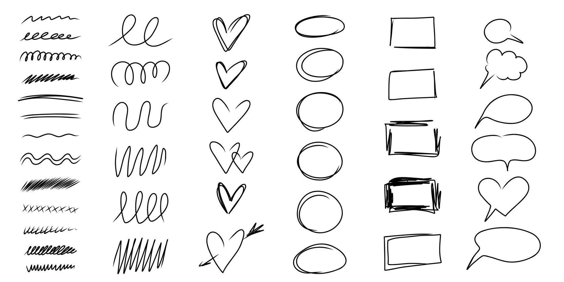 Highlight oval frames, heart, rectangle, speech bubble, hand drawn underlines lines. Hand drawn scribble doodle circle set. Ellipses line template. illustration isolated on white background. vector