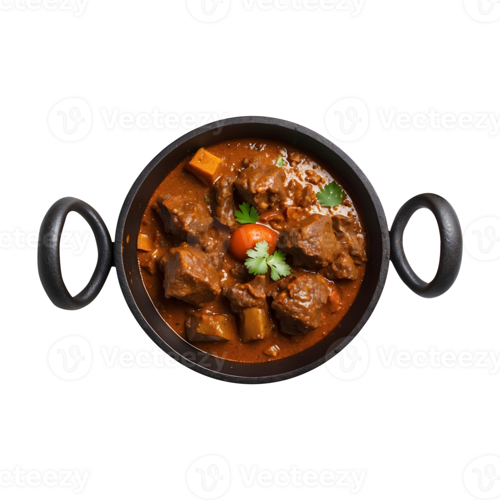 Hearty Mutton Curry in a Bowl on an Iron Pan Isolated on a Transparent Background. Mutton Curry Isolated on a Transparent Background png