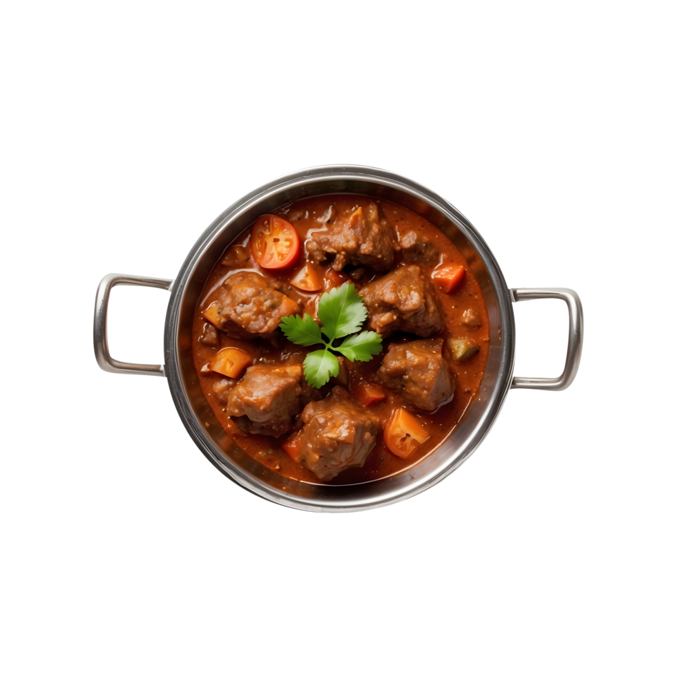 Tasty Mutton Curry in a Bowl on an Iron Pan Isolated on a Transparent Background. Mutton Curry Isolated on a Transparent Background png