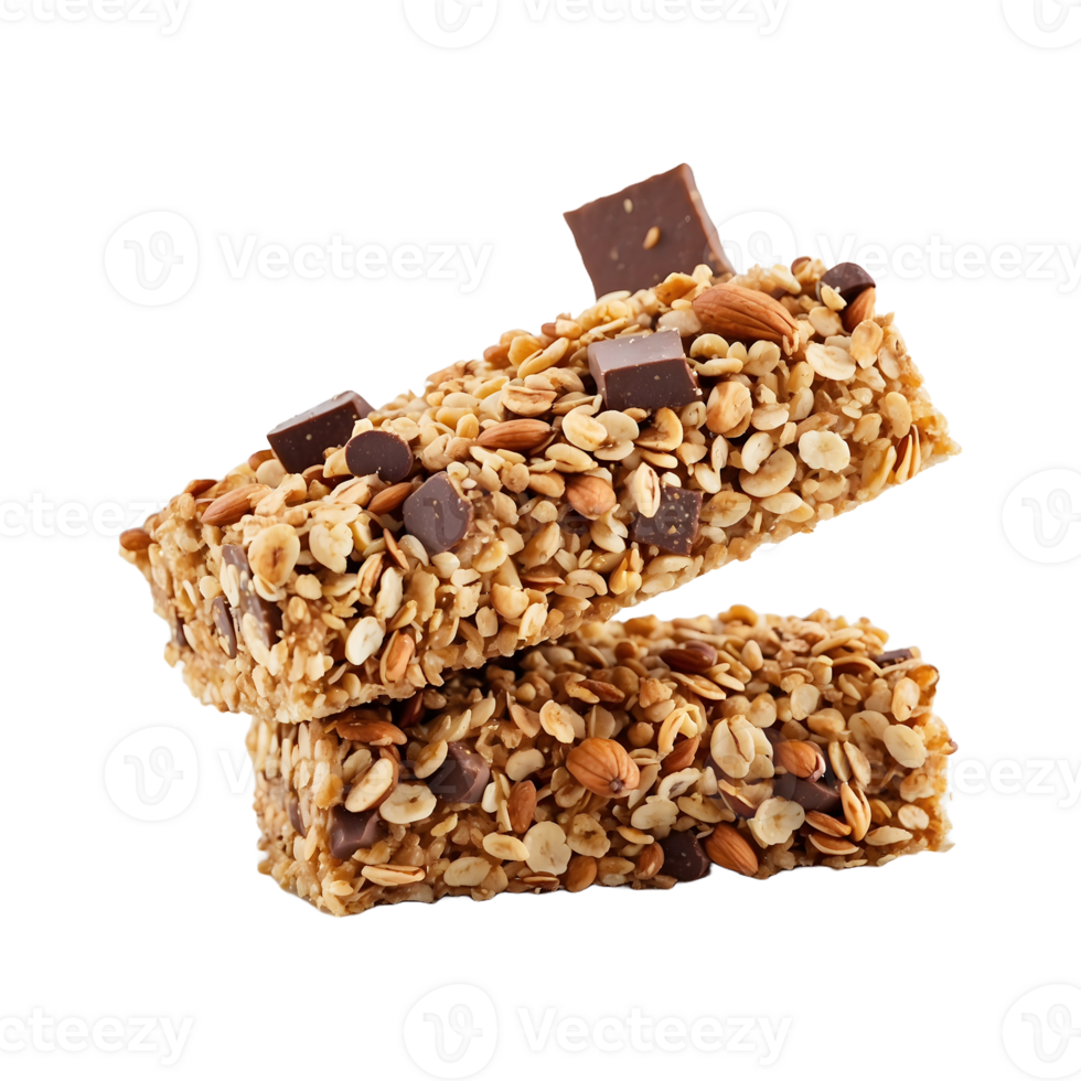 Yummy and Healthy Granola Cereal Bars with Oats, Nuts, and Chocolate Isolated on a Transparent Background png
