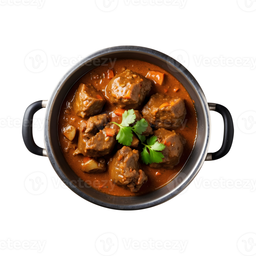 Hearty Mutton Curry in a Bowl on an Iron Pan Isolated on a Transparent Background. Mutton Curry Isolated on a Transparent Background png