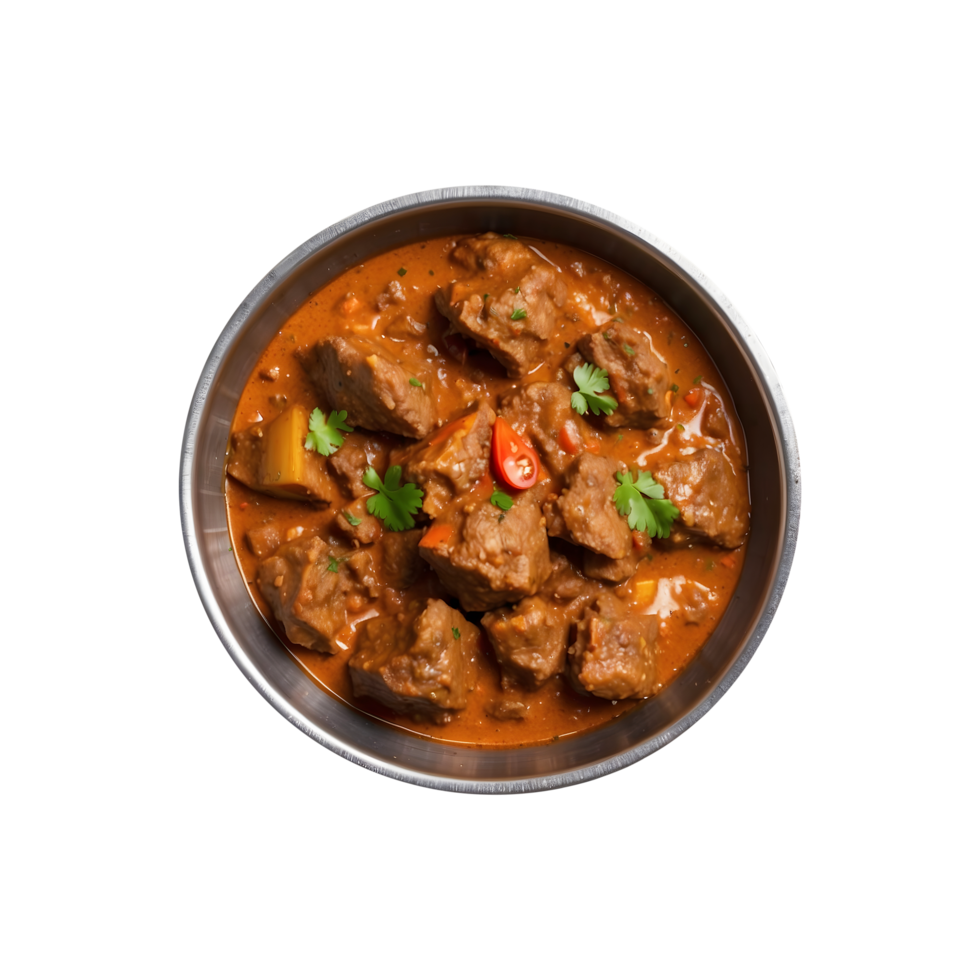 Traditional Mutton Curry in an Iron Pan Isolated on a Transparent Background. Mutton Curry Isolated on a Transparent Background png