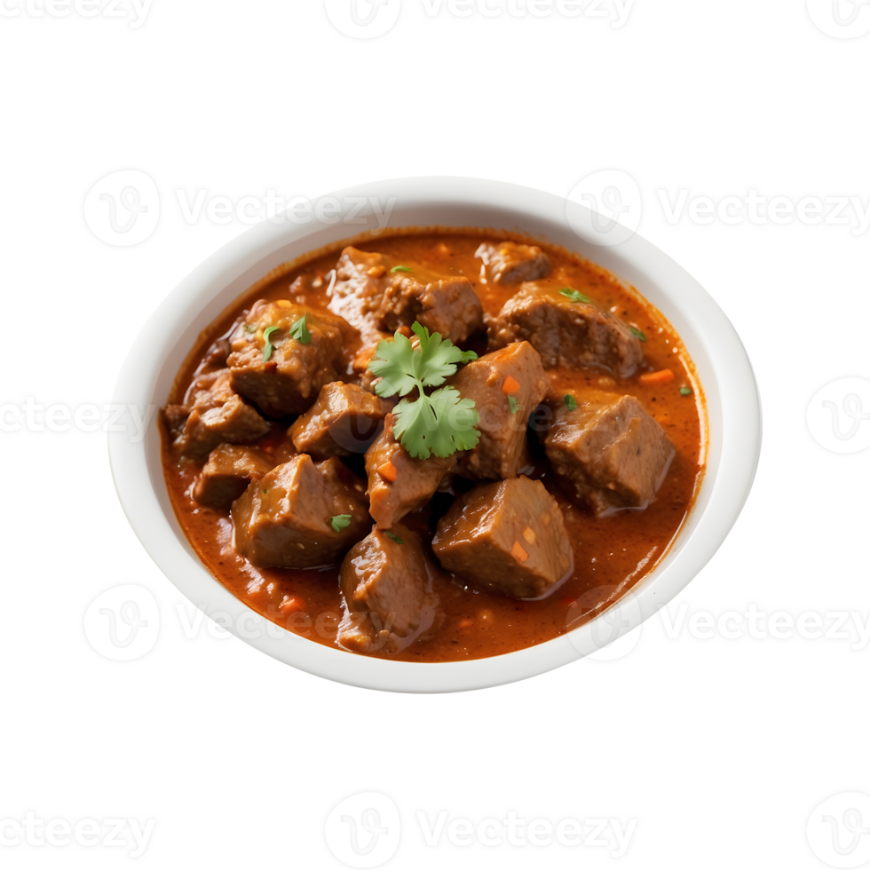 Hearty and Delicious Mutton Curry in a Bowl on a Plastic Pan Isolated on a Transparent Background png