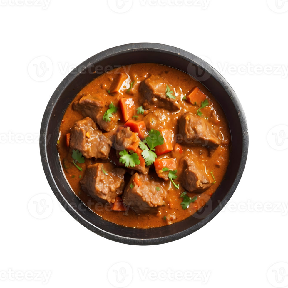 Spicy Mutton Curry in a Bowl on an Iron Pan Isolated on a Transparent Background. Mutton Curry Isolated on a Transparent Background png