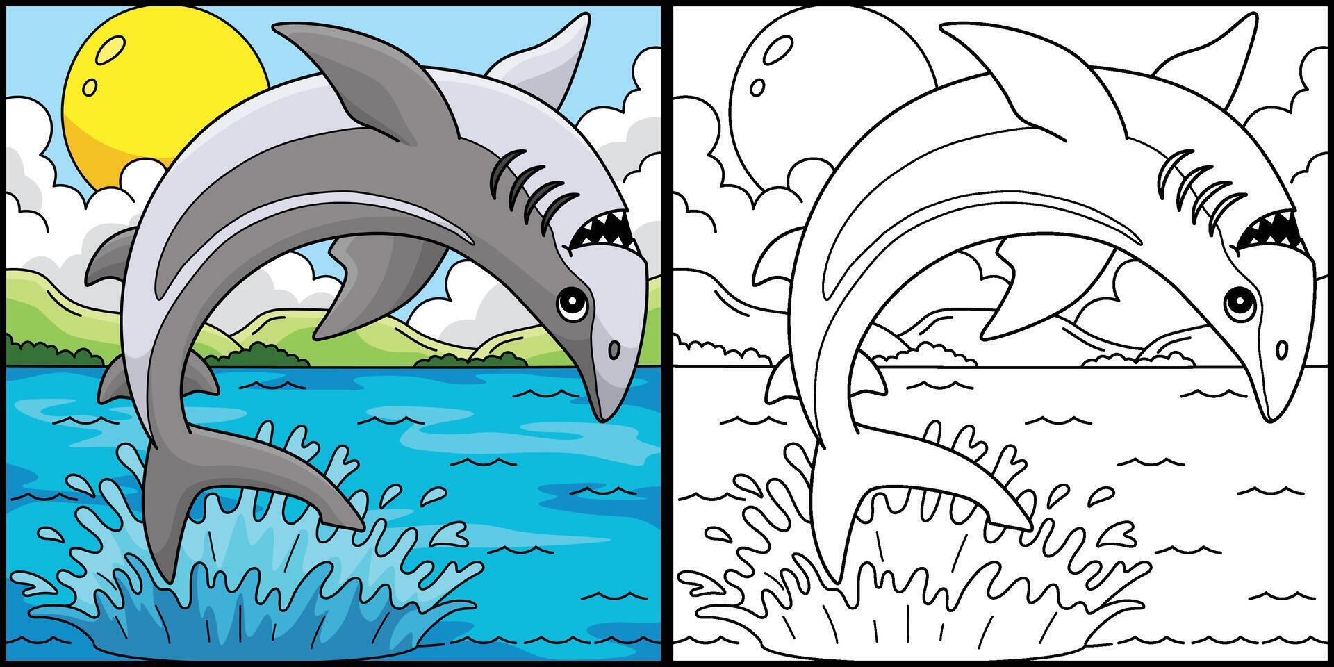 Spinner Shark Coloring Page Colored Illustration vector