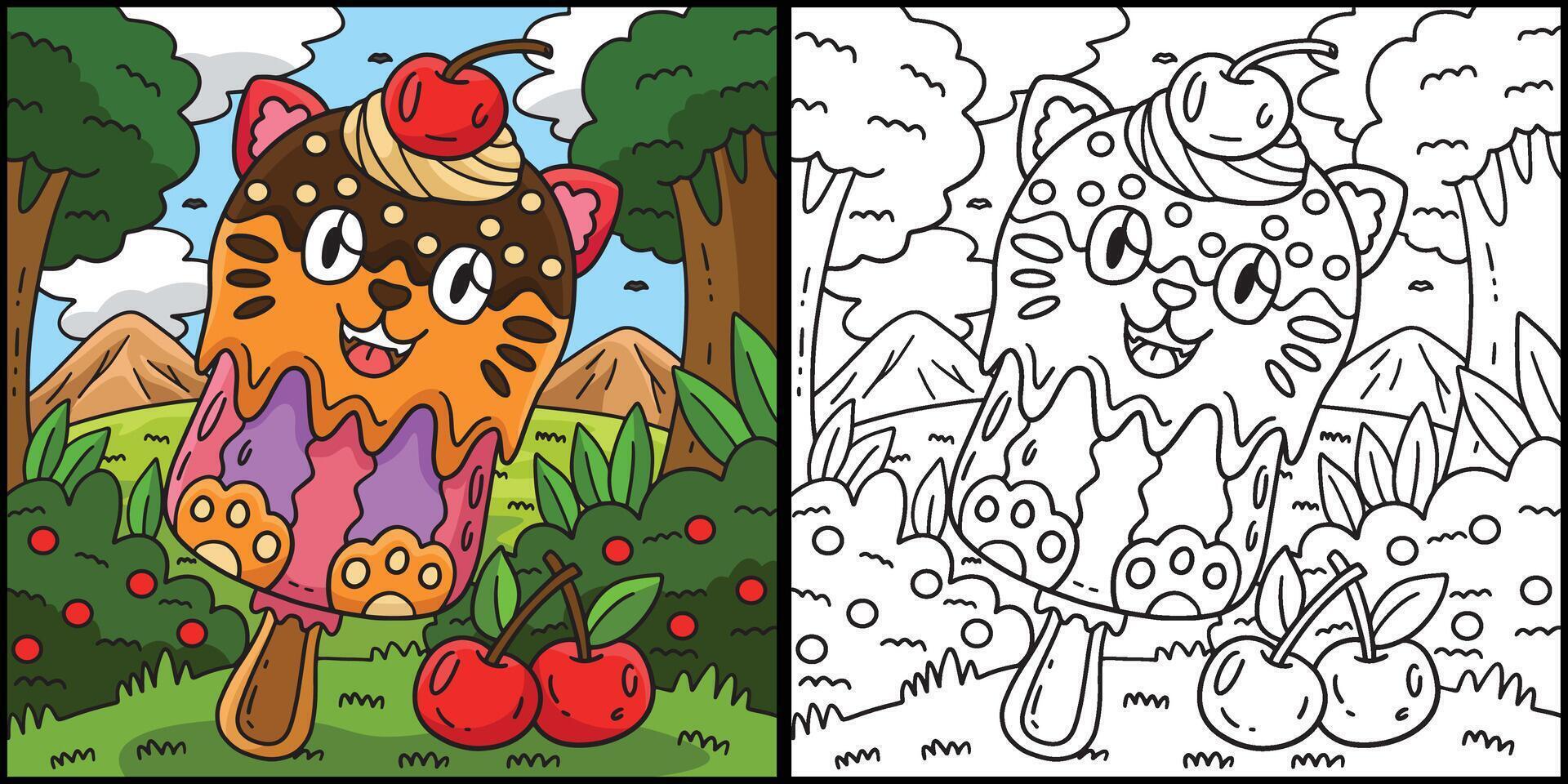 Ice Cream Cat Popsicle Coloring Page Illustration vector