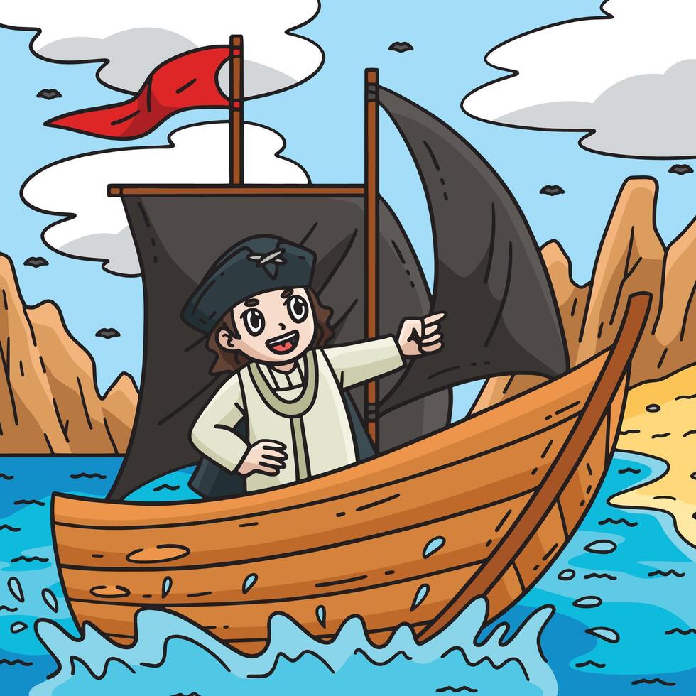 Columbus Day Man on the Ship Colored Cartoon vector