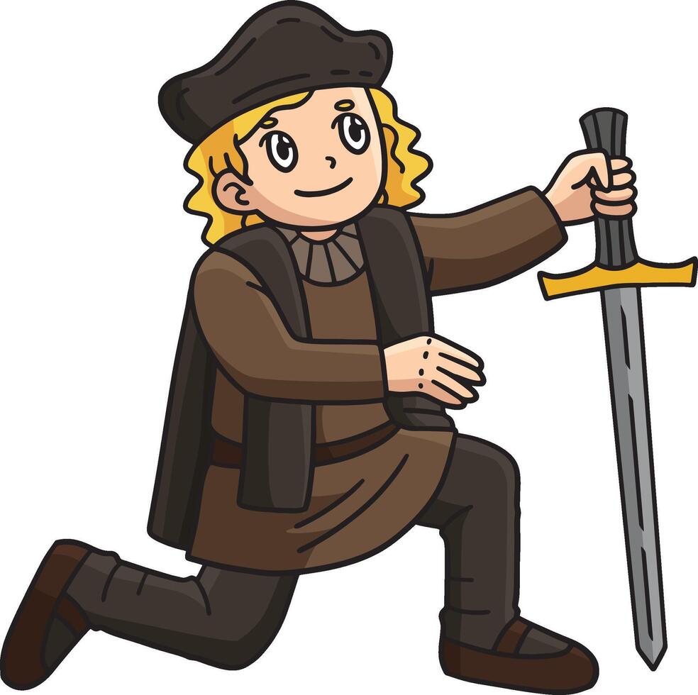 Columbus Day Man Kneeling on Shore Cartoon Clipart vector