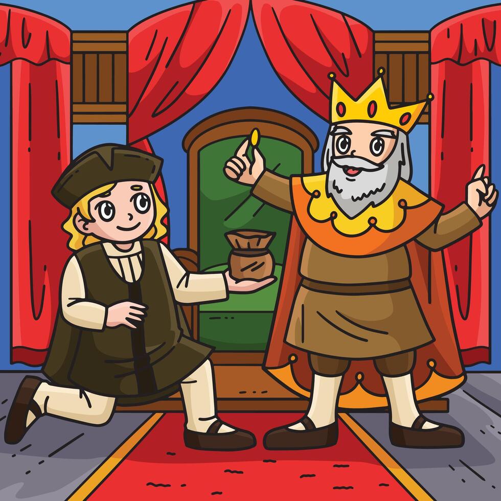 Columbus Day Man and the King Colored Cartoon vector