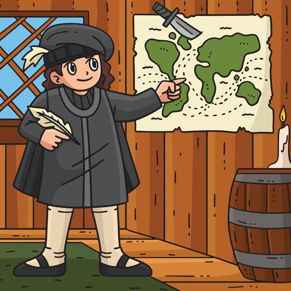 Columbus Day Man Charting Map Colored Cartoon vector