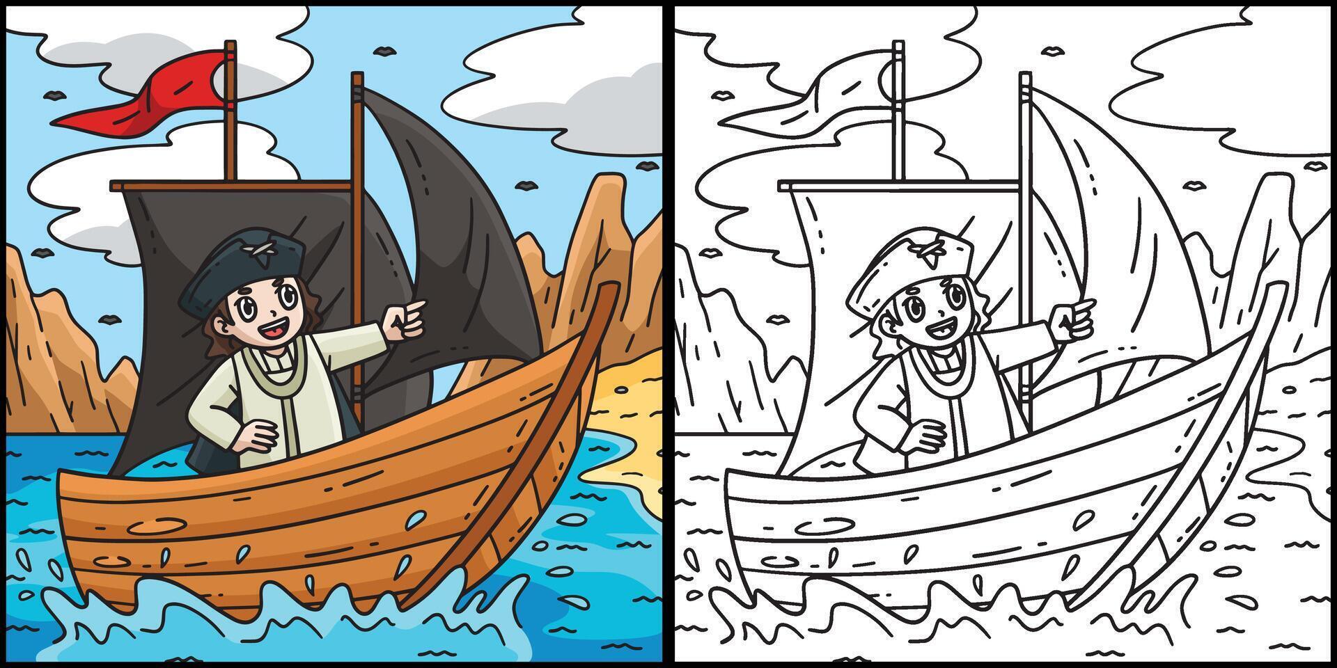 Columbus Day Man on the Ship Coloring Illustration vector