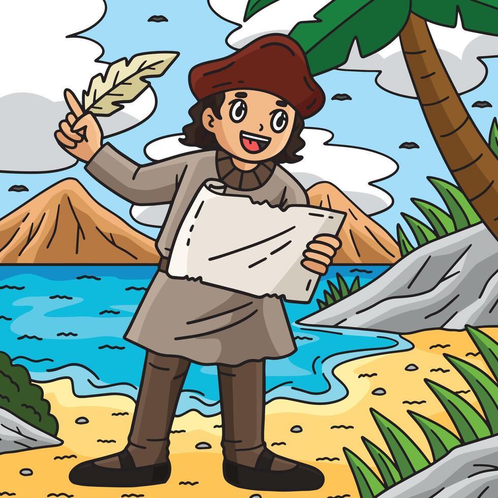 Columbus Day Explorer with Quill and Map Colored vector