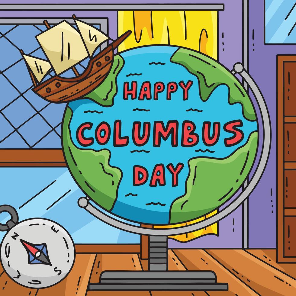 Happy Columbus Day on Globe Colored Cartoon vector