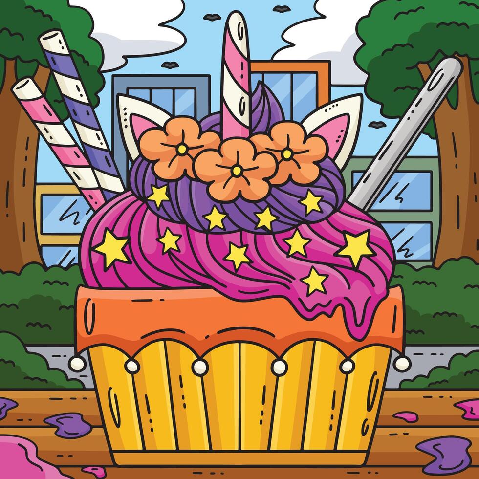 Ice Cream with Unicorn Horn Colored Cartoon vector