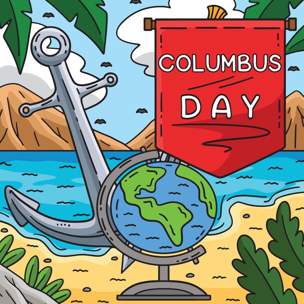 Columbus Day with Flag, Anchor and Globe Colored vector