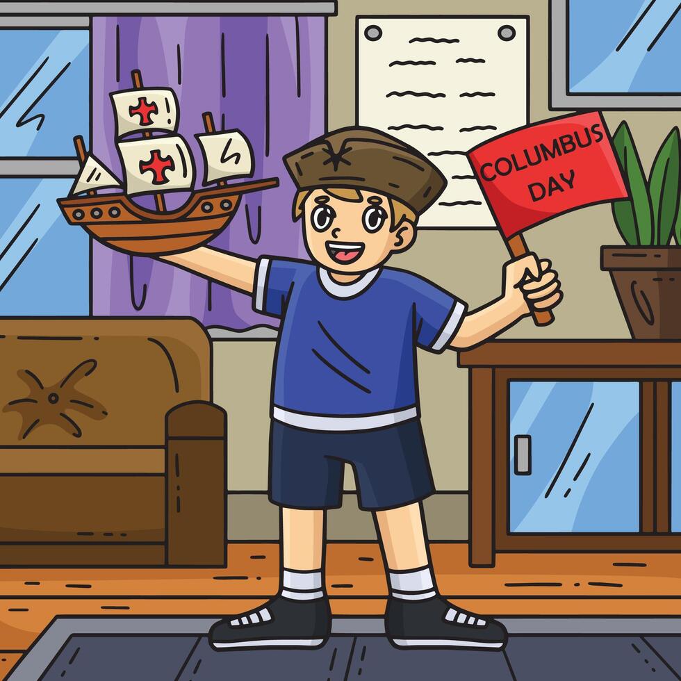 Columbus Day Boy with a Ship Model Colored Cartoon vector