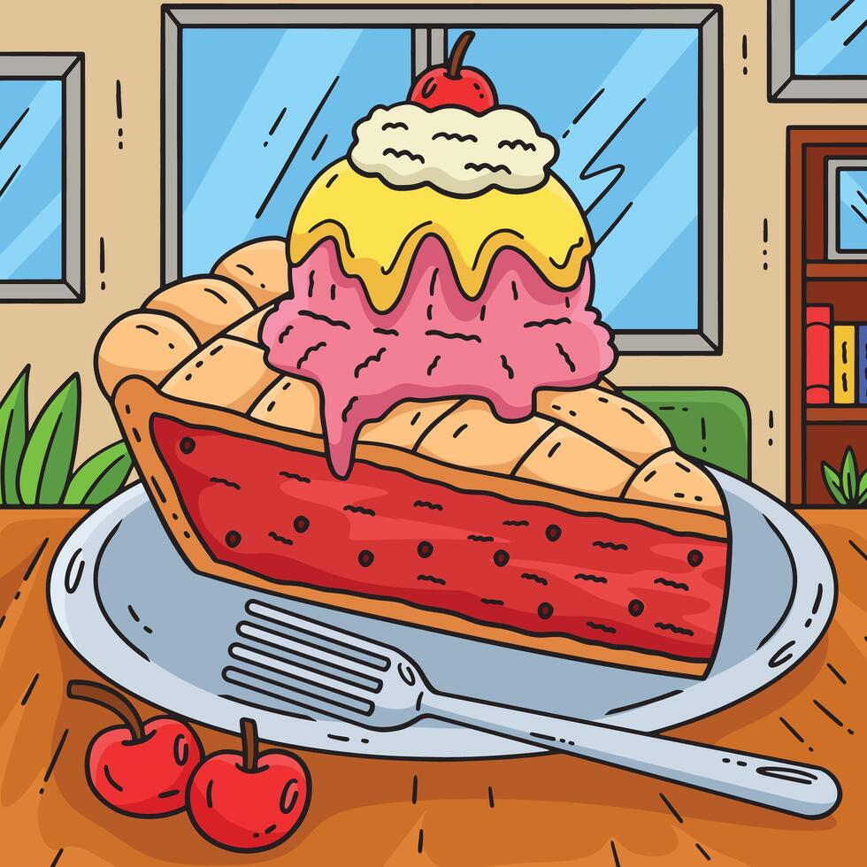 Ice Cream On Pie with Pork Colored Cartoon I vector