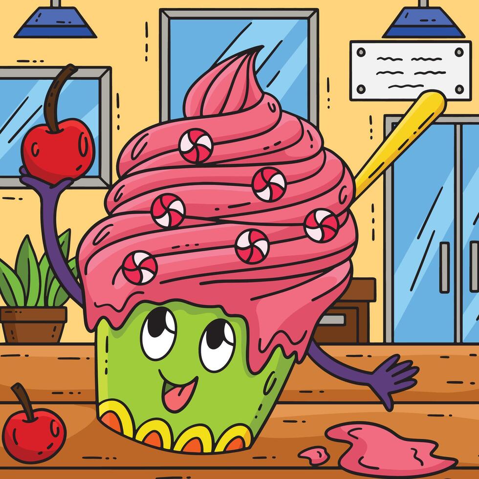 Ice Cream With Cherry Colored Cartoon Illustration vector