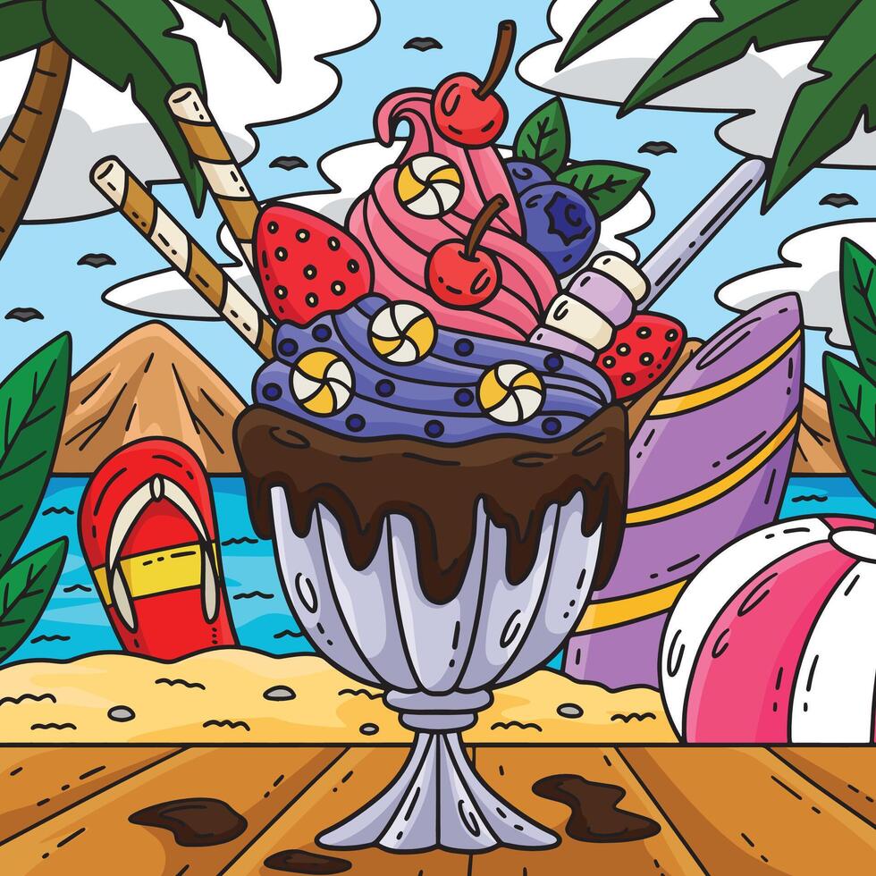 Ice Cream Parfait Colored Cartoon Illustration vector