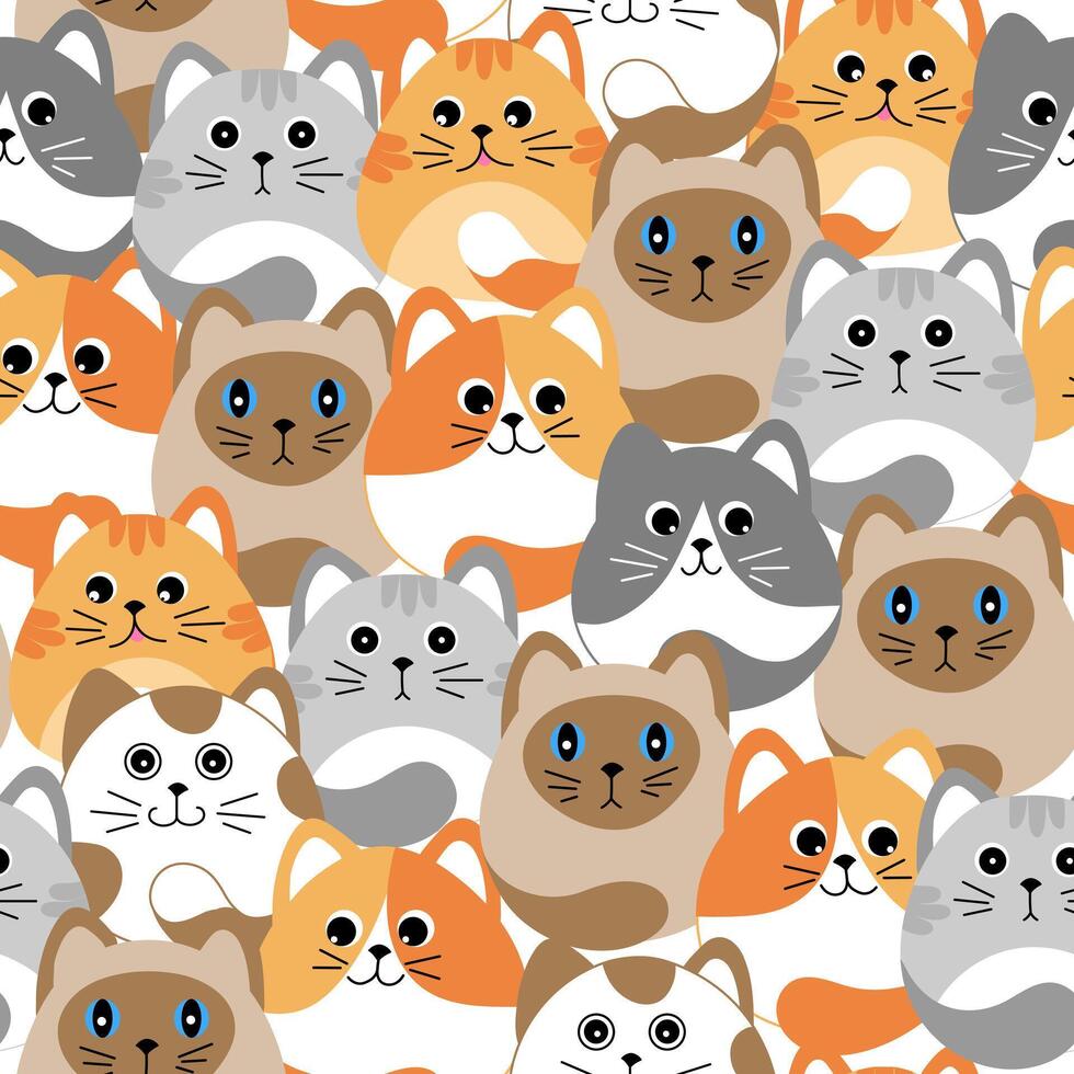 Seamless pattern with many different cats on white background. Illustration for children. vector