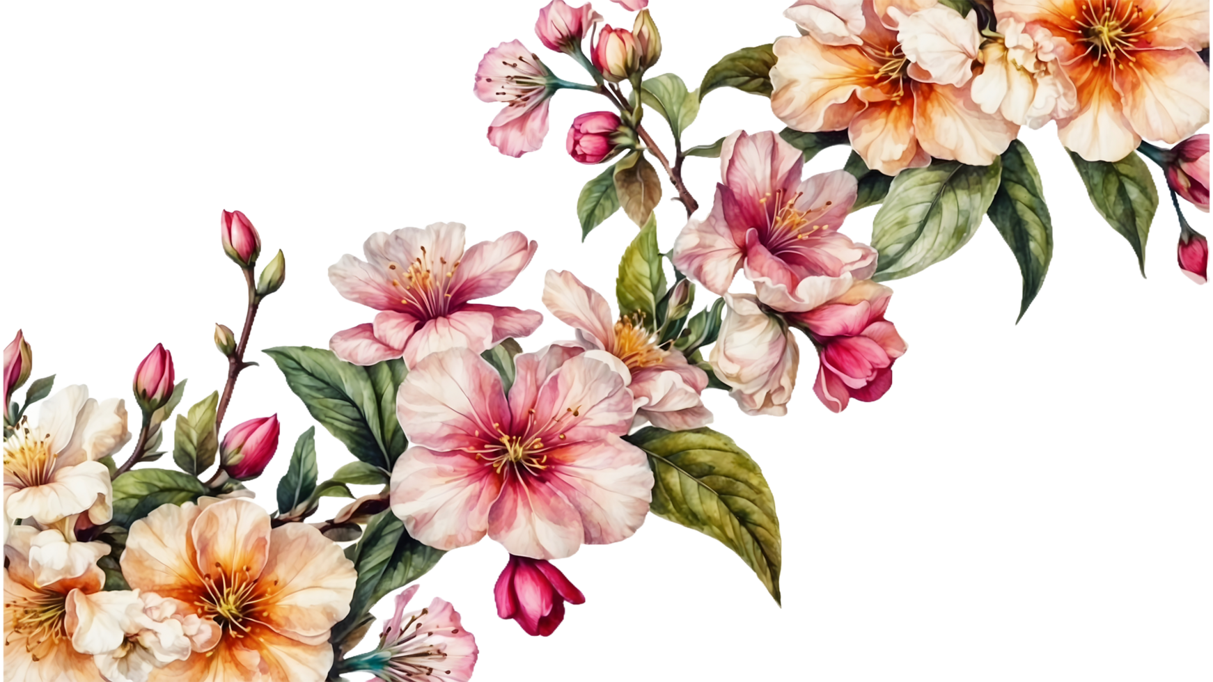 a watercolor branch adorned with beautiful flowers in full bloom isolated on a Transparent Background png
