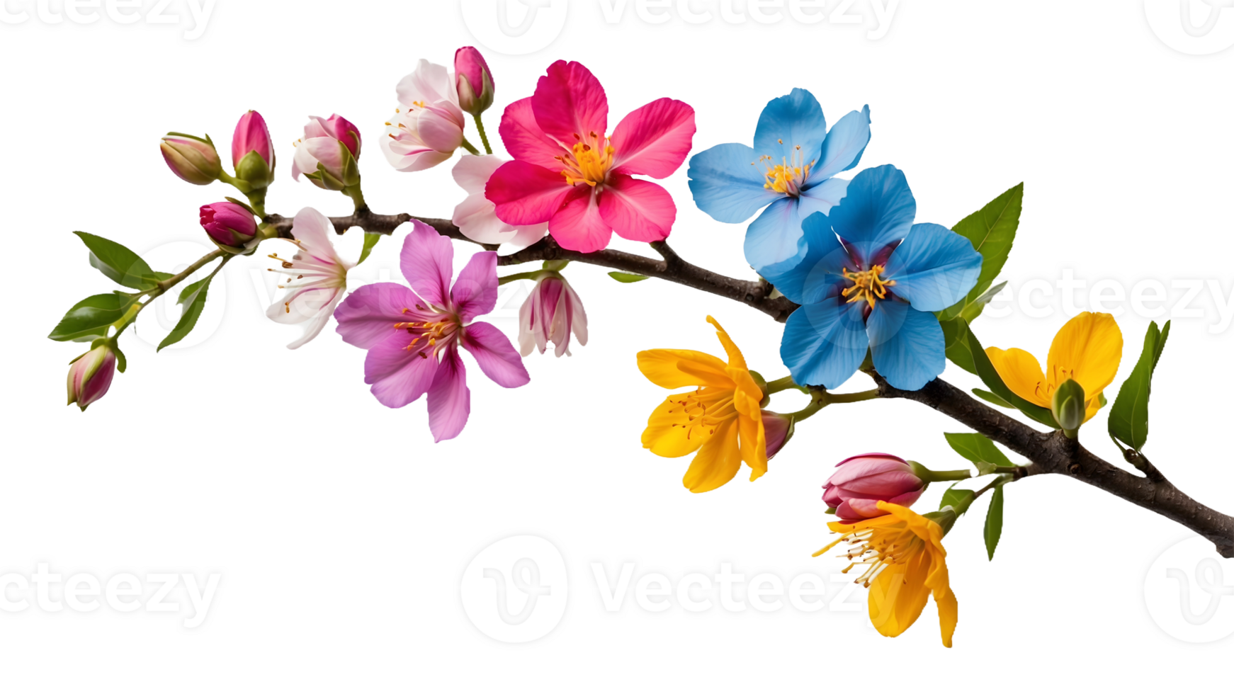 A Branch with Colorful Blooming Flowers Isolated on a Transparent Background png