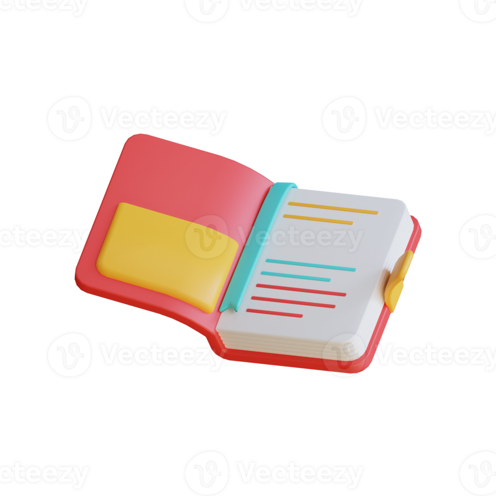 3D illustration of an open book with a bookmark and pen, isolated on a transparent background. png