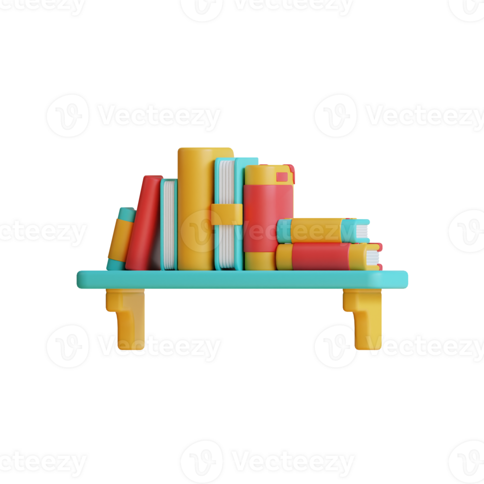 3D illustration of a bookshelf with books on it, isolated on a transparent background. png