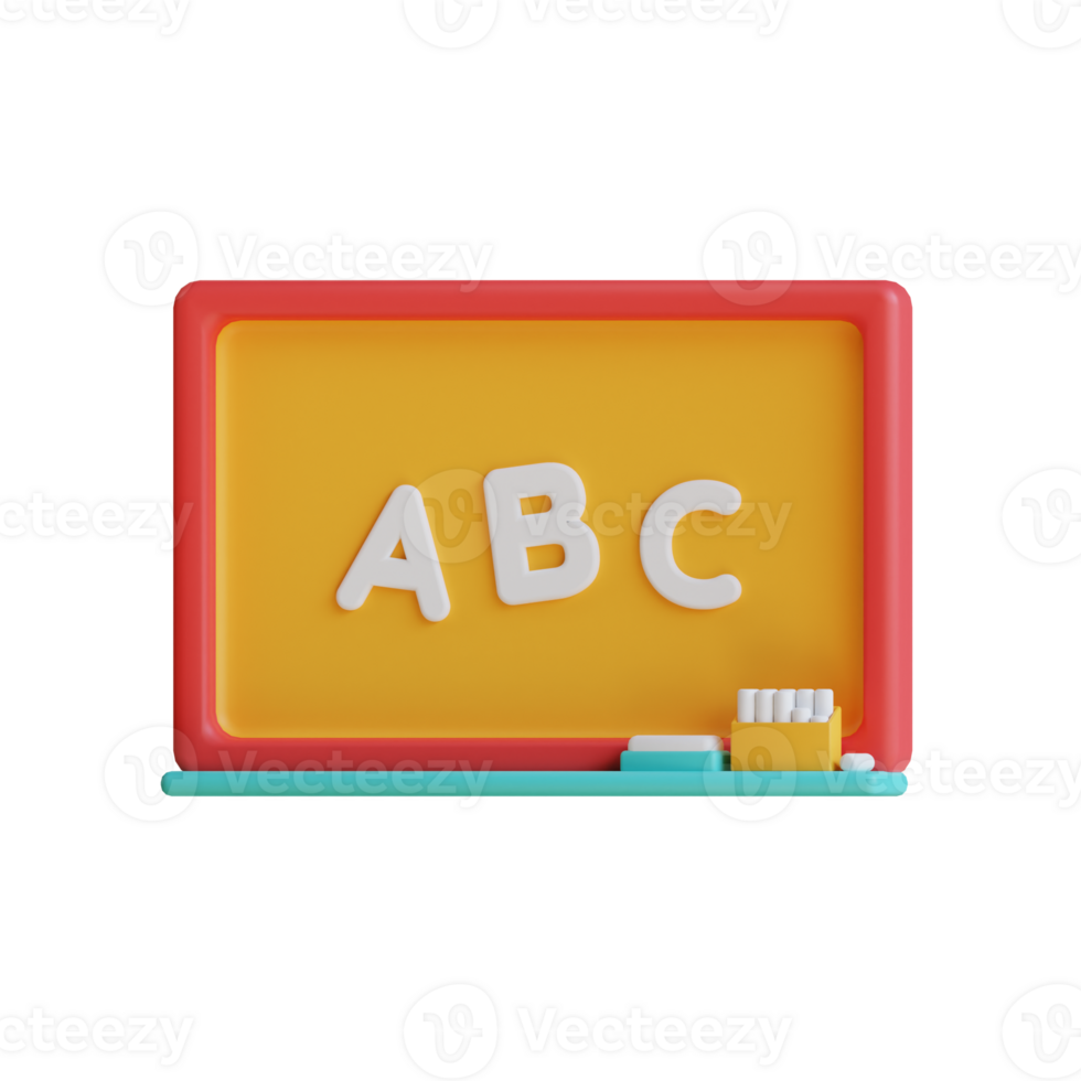 3D illustration of a blackboard with the alphabet ABC written on it, isolated on a transparent background. png