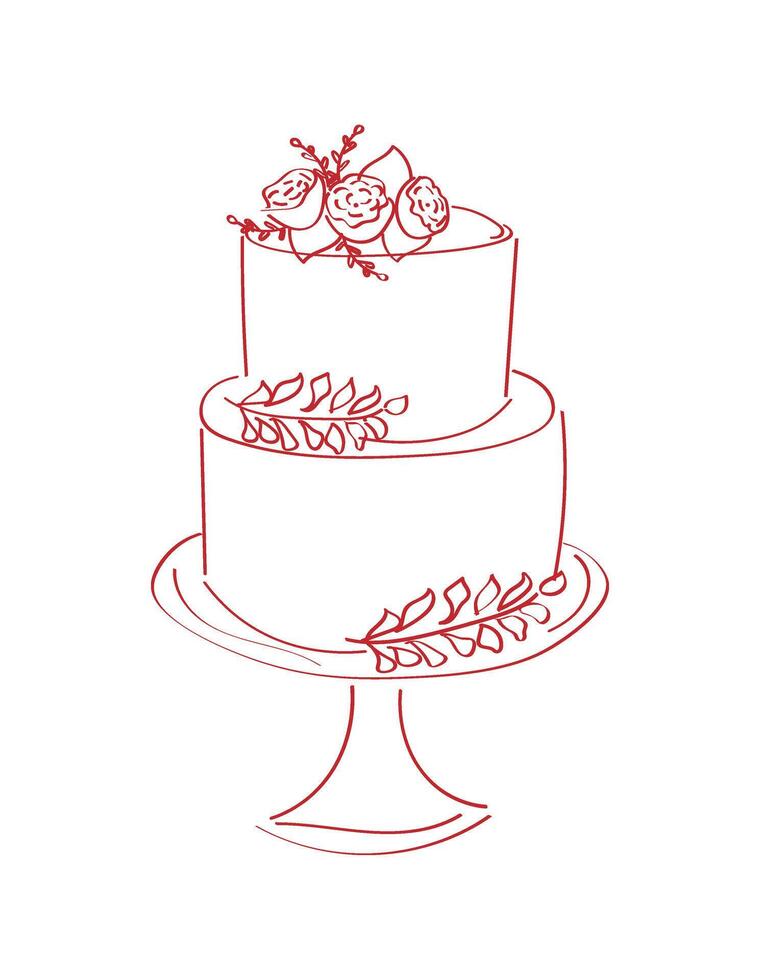 Delicate tasty multi-layer cake on a stand. Perfect for card of birthdays, weddings, party, anniversary. Modern trendy doodle style vector