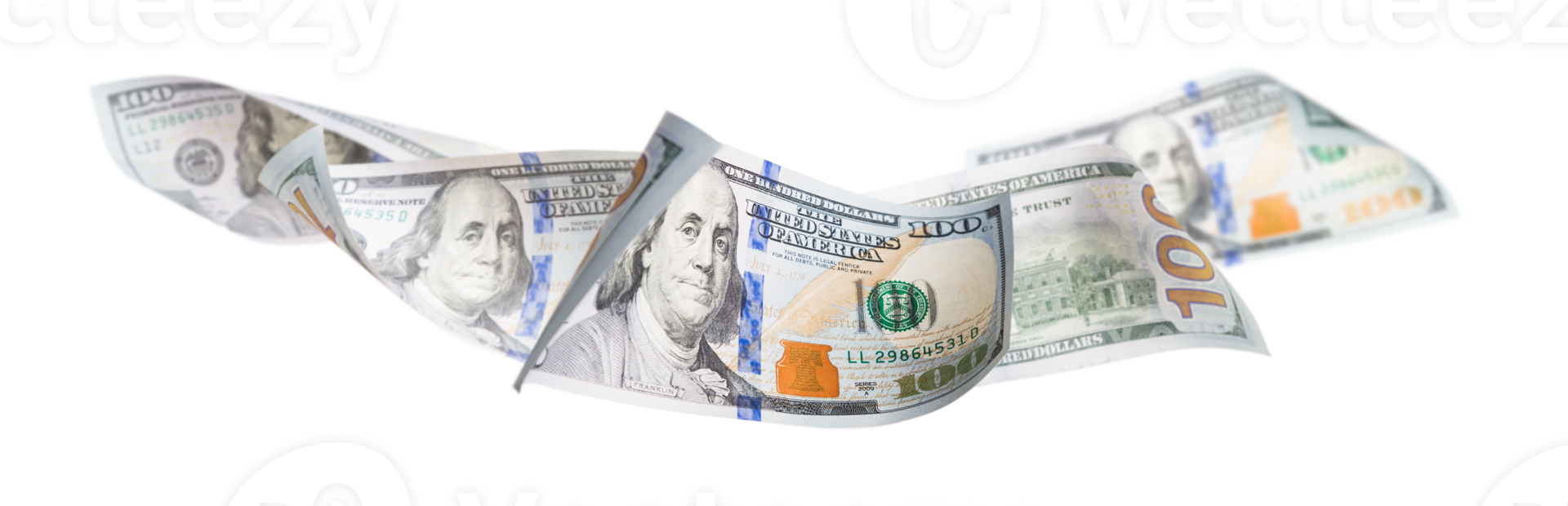 Set of Hundred Dollar Bill Horizontal Floating Isolated. Transparent . png