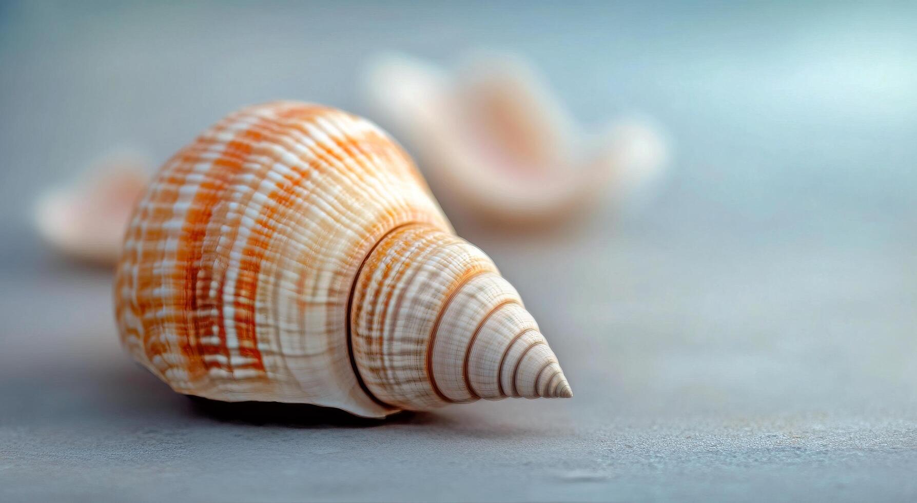 A close-up of a beautifully patterned shell resting on a smooth surface with floral background photo