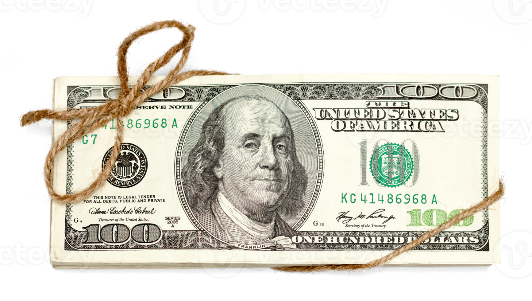Stack of One Hundred Dollar Bills Tied with a Jute String Isolated. Transparent . png