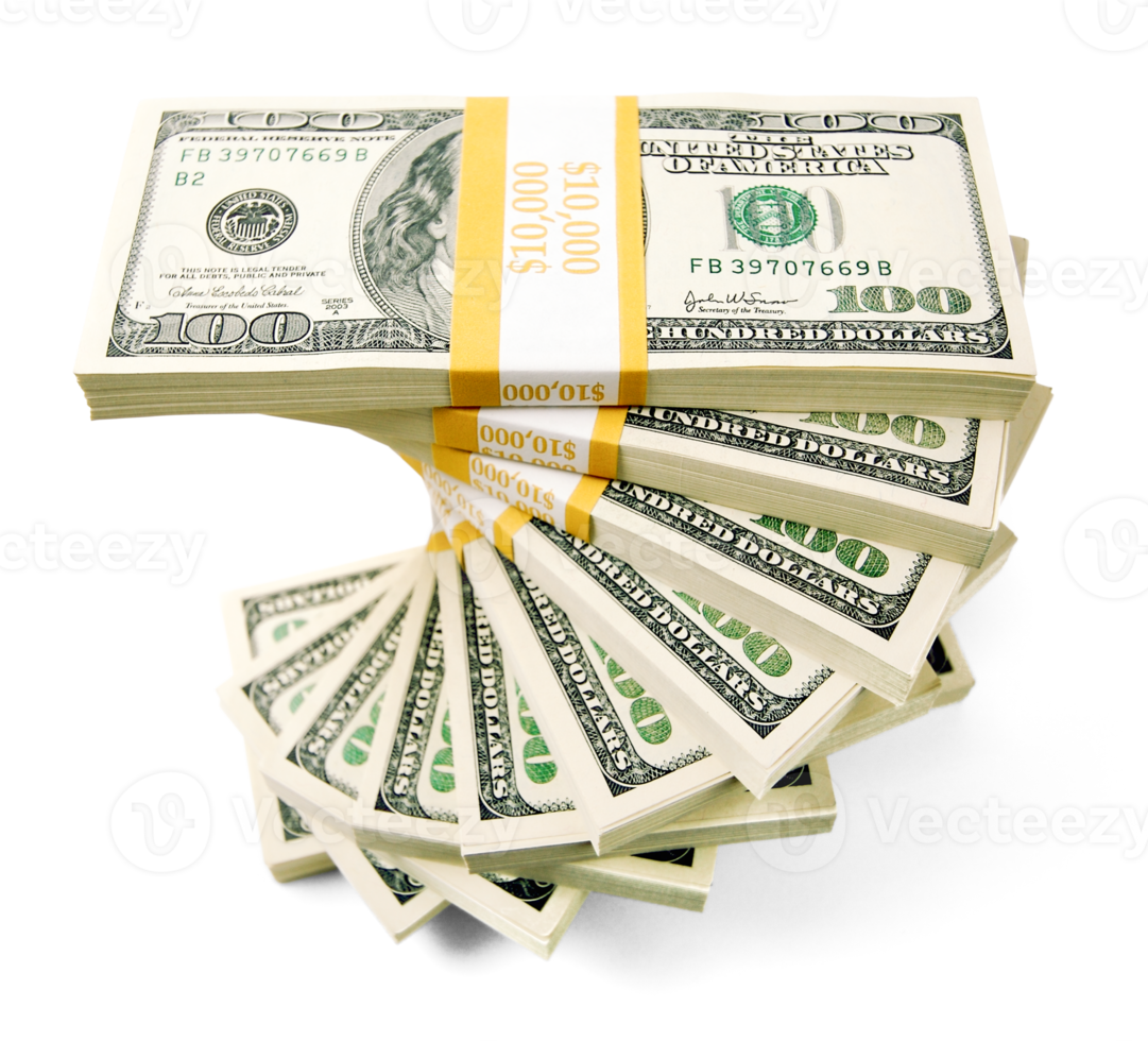 100 Thousand Dollar Sprial Stack of One Hundred Dollar Bills Isolated. Transparent . png
