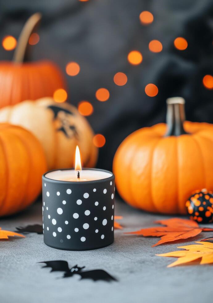 Halloween candle surrounded by decorated pumpkins and autumn leaves photo